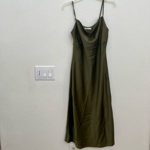 Olive Green Satin Cowl Neck Midi Dress
